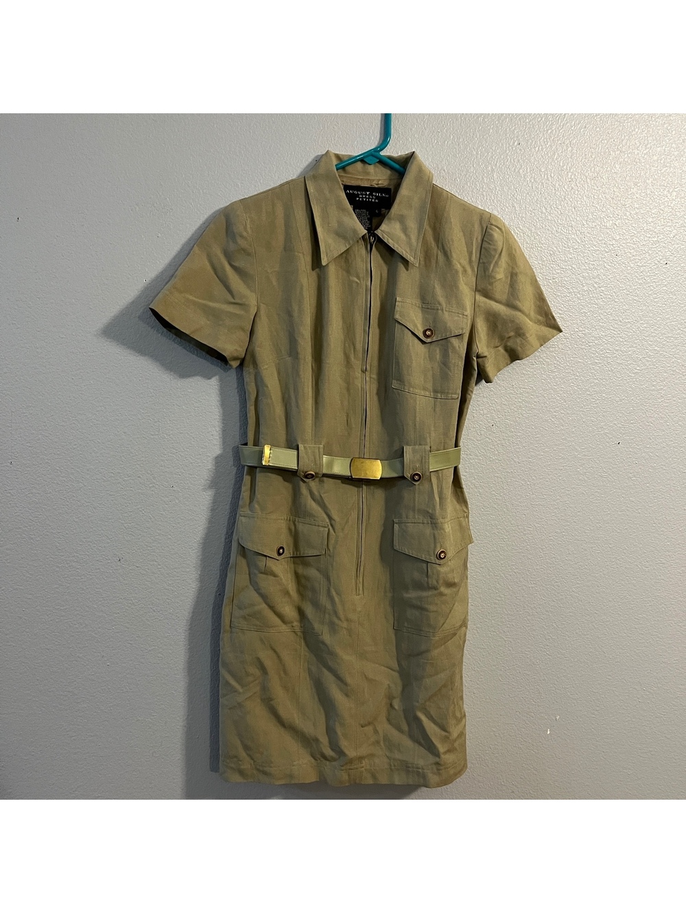 Vintage August Silk Petites 6 Silk Linen Safari Utility Dress Belted Sage